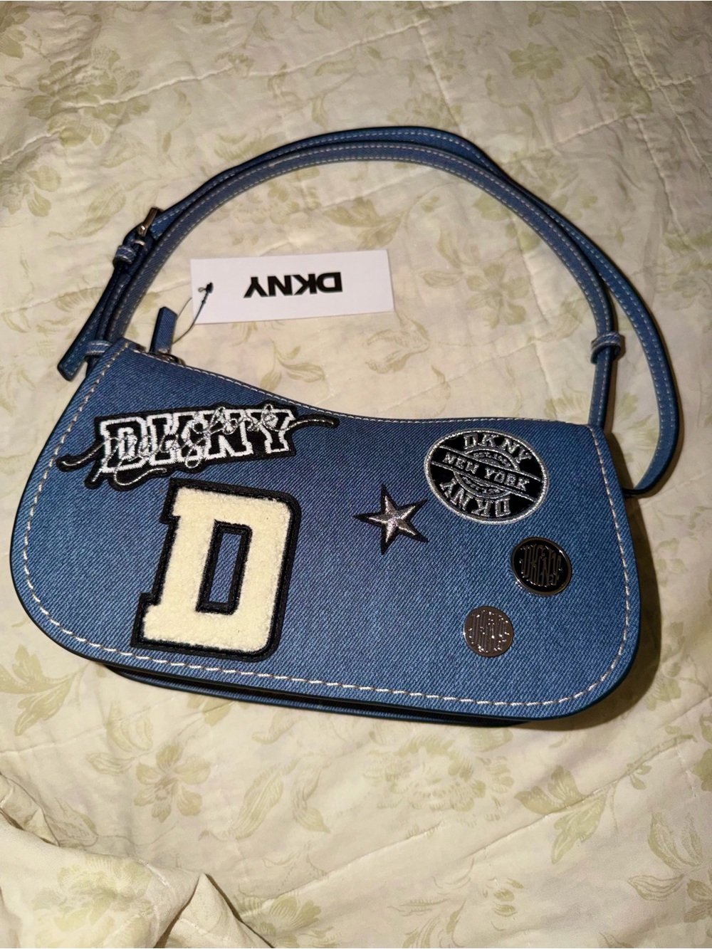 DKNY Small Denim crossbody Bag with vintage patches NWT